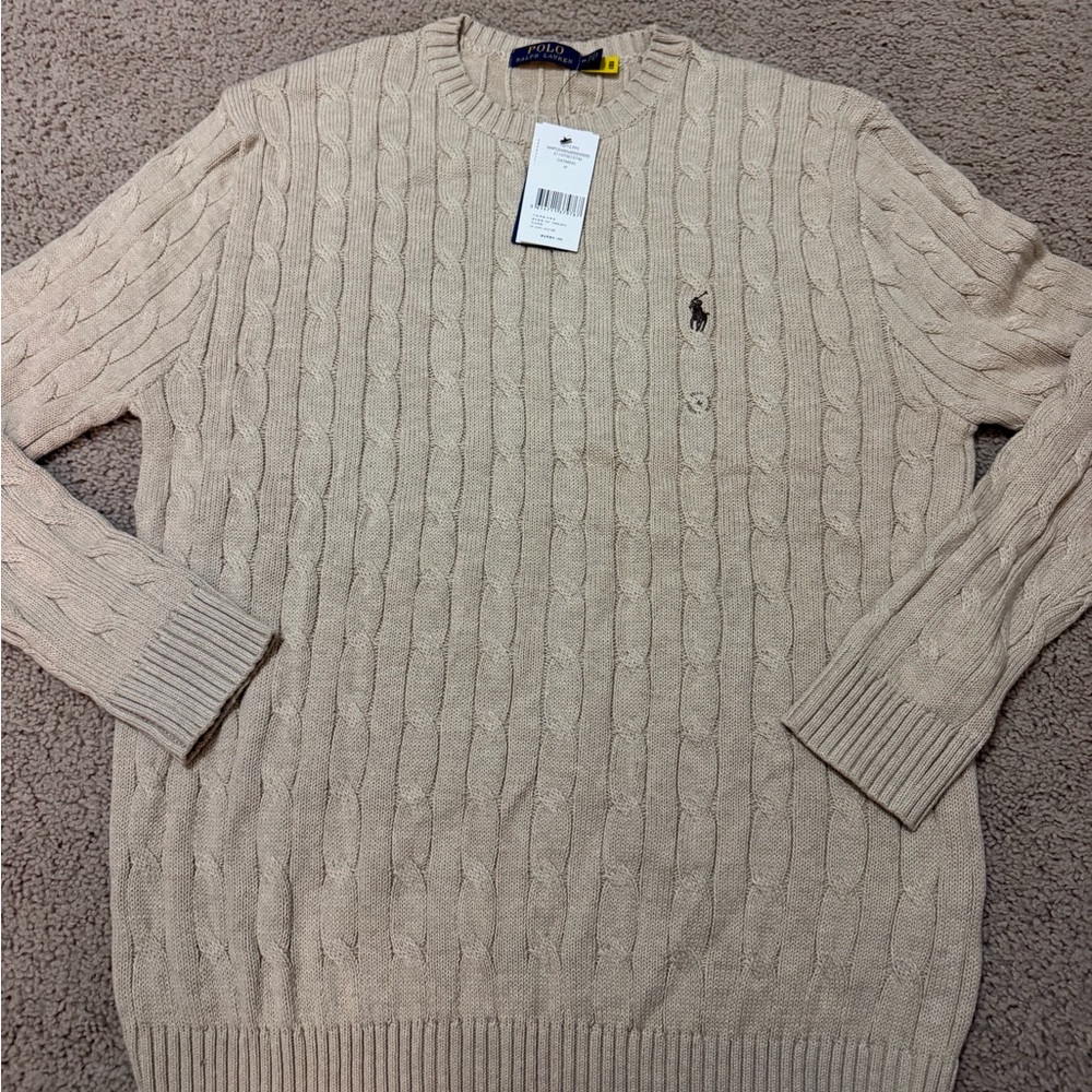 Ralph Lauren Men's Cream/Tan Cable Knit Crewneck Sweater